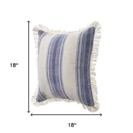Set of Two 18" Blue and Cream Cotton Throw Pillows with Fringe HomeRoots