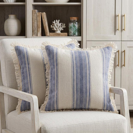 Set of Two 18" Blue and Cream Cotton Throw Pillows with Fringe HomeRoots