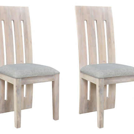 Set of Two Gray and Natural Fabric And Wood Slat Back Dining Side Chairs