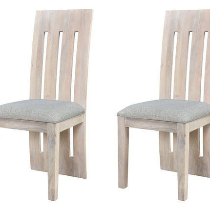 Set of Two Gray and Natural Fabric And Wood Slat Back Dining Side Chairs