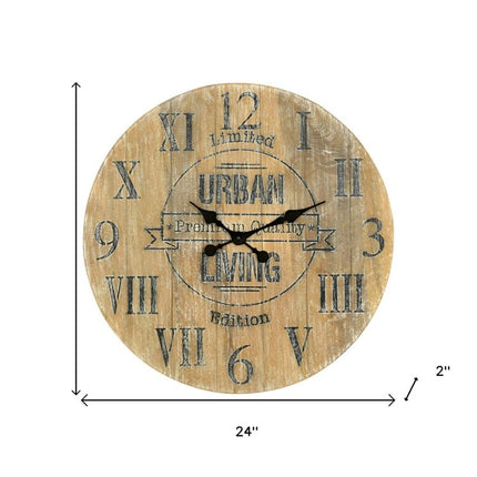 24" Natural Distressed Solid Wood Silent Analog Round Wall Clock HomeRoots