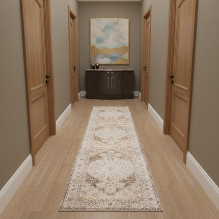 10' Beige And Brown Floral Distressed Runner Rug HomeRoots
