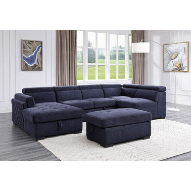 ACME 55520 Nekoda Storage Sleeper Sectional Sofa and Ottoman, Navy Blue Fabric ACME Furniture