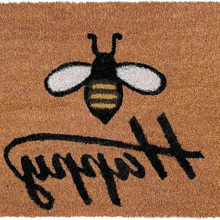24" X 36" Natural and Black Coir Bumblee Bee Happy Outdoor Door Mat HomeRoots