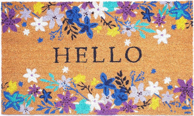 24" X 36" Natural Blue and Purple Coir Floral Hello Outdoor Door Mat HomeRoots