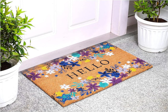 24" X 36" Natural Blue and Purple Coir Floral Hello Outdoor Door Mat HomeRoots