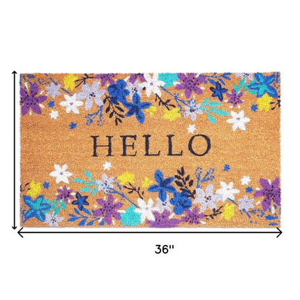 24" X 36" Natural Blue and Purple Coir Floral Hello Outdoor Door Mat