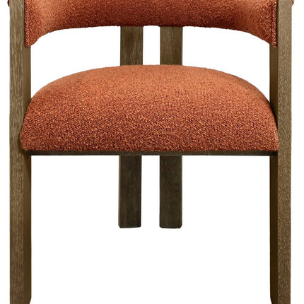 Burnt Orange and Brown Upholstered Boucle Open Back Dining Arm Chair