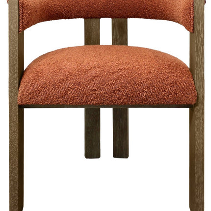 Burnt Orange and Brown Upholstered Boucle Open Back Dining Arm Chair