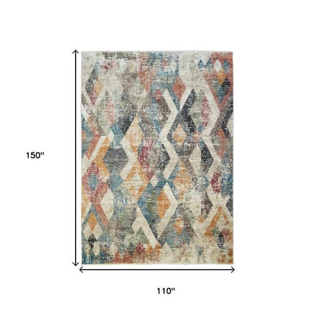 9' X 13' Beige Blue and Gray Geometric Distressed Area Rug With Fringe HomeRoots