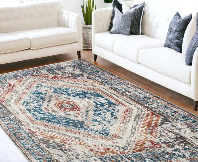 9' X 13' Teal Taupe and Rust Geometric Distressed Area Rug With Fringe HomeRoots