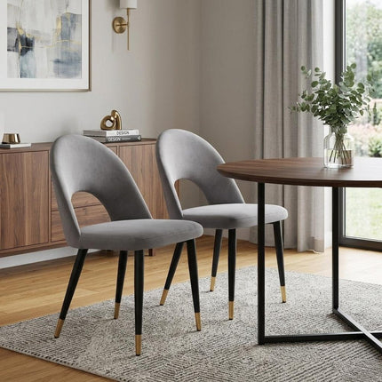Set of Two Gray Black and Gold Velvet Open Back Dining Side Chairs