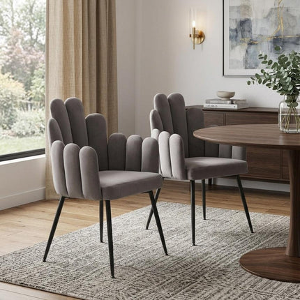 Set of Two Gray and Black Velvet Slat Back Dining Arm Chairs