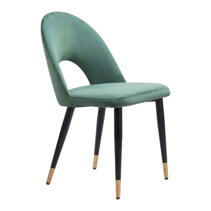 Set of Two Green Black and Gold Upholstered Velvet Open Back Dining Side Chairs