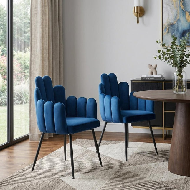 Set of Two Navy Blue and Black Velvet Slat Back Dining Arm Chairs HomeRoots
