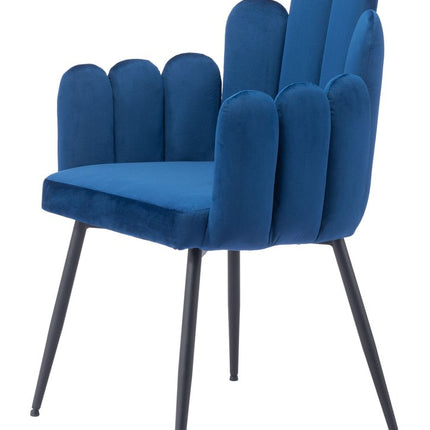 Set of Two Navy Blue and Black Velvet Slat Back Dining Arm Chairs