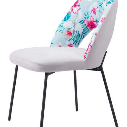 Set of Two Gray and Black Velvet And Steel Velvet And Steel Tropical Floral Dining Side Chairs