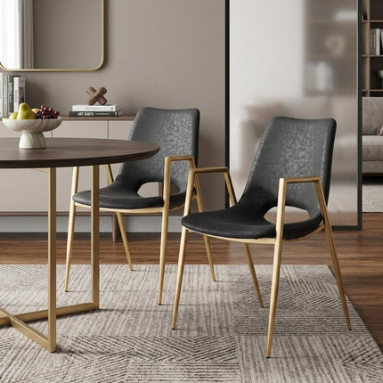 Set of Two Black and Gold Faux Leather Open Back Dining Arm Chairs