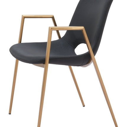 Set of Two Black and Gold Faux Leather Open Back Dining Arm Chairs