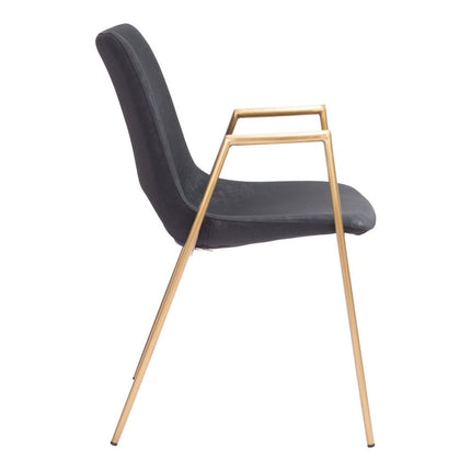 Set of Two Black and Gold Faux Leather Open Back Dining Arm Chairs