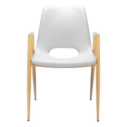 Set of Two White and Gold Faux Leather Open Back Dining Arm Chairs