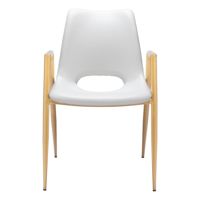 Set of Two White and Gold Faux Leather Open Back Dining Arm Chairs HomeRoots