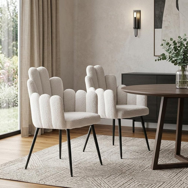 Set of Two Ivory and Black Faux Fur Slat Back Dining Arm Chairs HomeRoots
