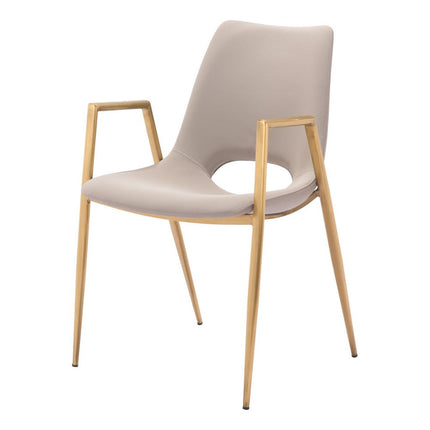 Set of Two Beige and Gold Faux Leather Open Back Dining Arm Chairs