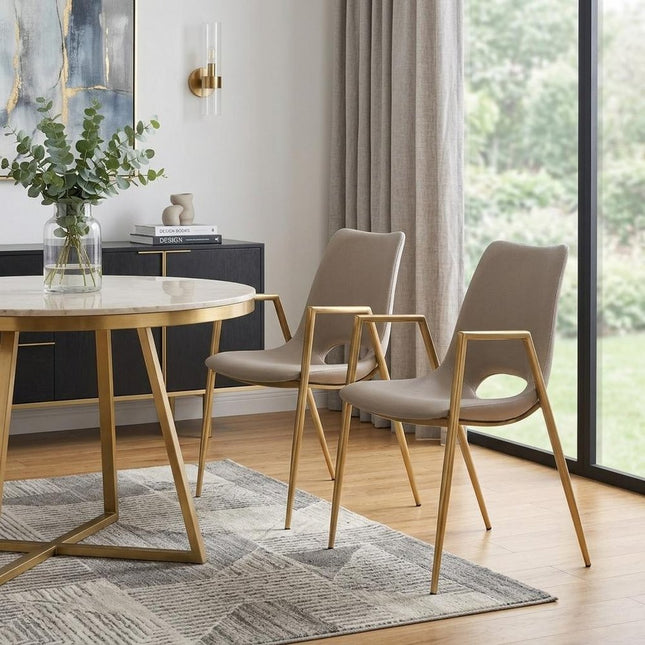 Set of Two Beige and Gold Faux Leather Open Back Dining Arm Chairs HomeRoots