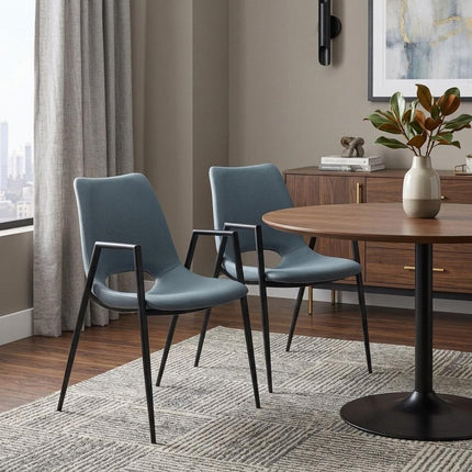 Set of Two Blue and Black Faux Leather Open Back Dining Arm Chairs