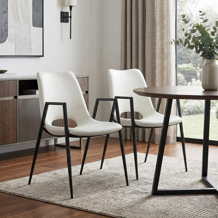 Set of Two White and Black Faux Leather Open Back Dining Arm Chairs