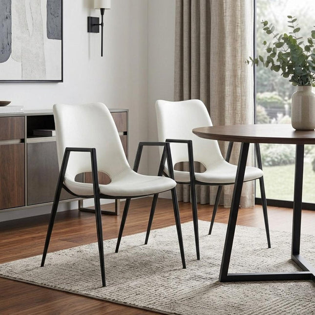 Set of Two White and Black Faux Leather Open Back Dining Arm Chairs HomeRoots