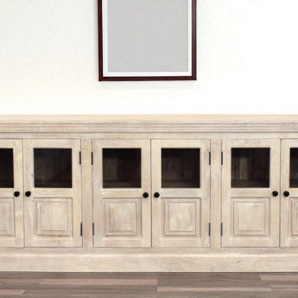 93" Antiqued White Distressed Solid Wood Sideboard with Six Glass Doors HomeRoots