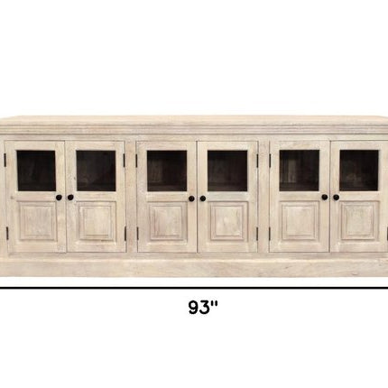 93" Antiqued White Distressed Solid Wood Sideboard with Six Glass Doors HomeRoots