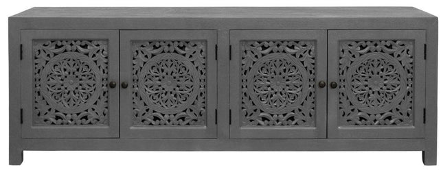 86" Dark Gray Carved Floral Distressed Solid Wood Enclosed Storage TV Stand HomeRoots