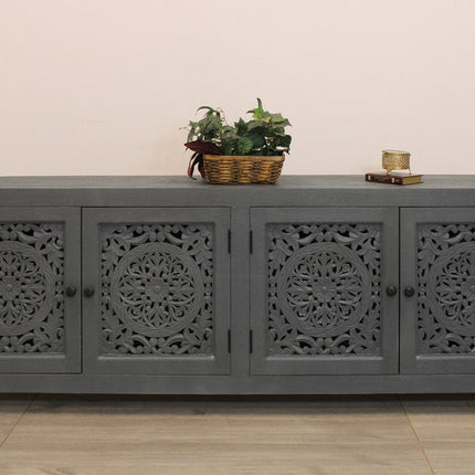 86" Dark Gray Carved Floral Distressed Solid Wood Enclosed Storage TV Stand HomeRoots