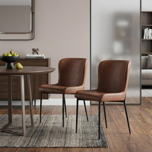 Set of Two Brown Slipcovered Faux Leather Dining Side Chairs HomeRoots