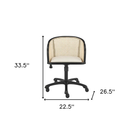 Beige and Black Solid Wood Steel And Cane Rattan Adjustable Swivel Rolling Office Chair HomeRoots