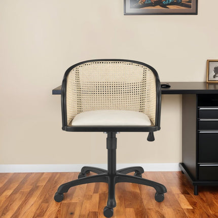 Beige and Black Solid Wood Steel And Cane Rattan Adjustable Swivel Rolling Office Chair HomeRoots