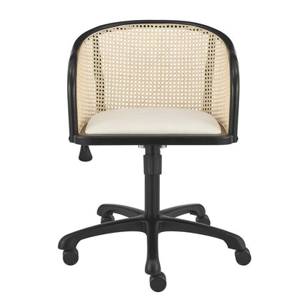 Beige and Black Solid Wood Steel And Cane Rattan Adjustable Swivel Rolling Office Chair HomeRoots