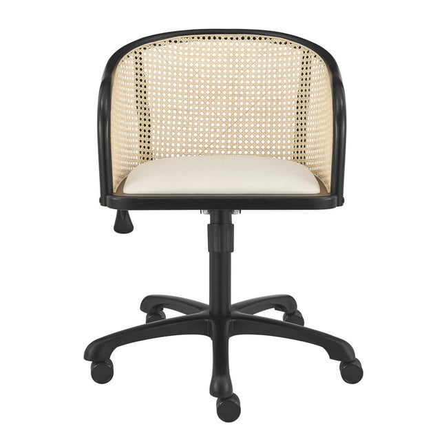 Beige and Black Solid Wood Steel And Cane Rattan Adjustable Swivel Rolling Office Chair