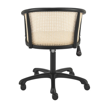 Beige and Black Solid Wood Steel And Cane Rattan Adjustable Swivel Rolling Office Chair HomeRoots