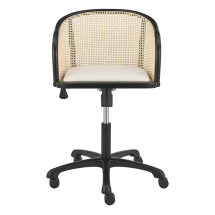 Beige and Black Solid Wood Steel And Cane Rattan Adjustable Swivel Rolling Office Chair HomeRoots