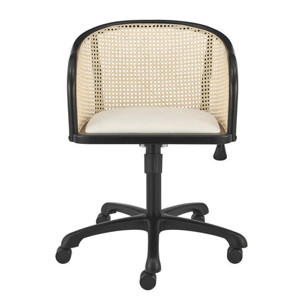 Beige and Black Solid Wood Steel And Cane Rattan Adjustable Swivel Rolling Office Chair HomeRoots