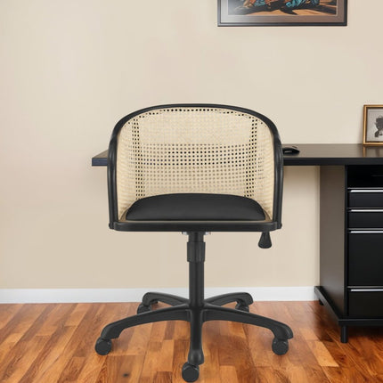 Beige and Black Solid Wood Steel And Cane Rattan Adjustable Swivel Rolling Office Chair HomeRoots