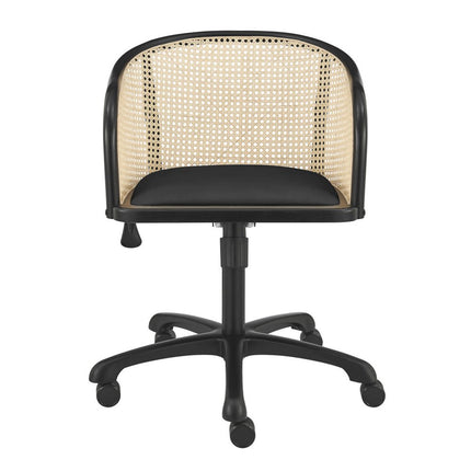 Beige and Black Solid Wood Steel And Cane Rattan Adjustable Swivel Rolling Office Chair HomeRoots