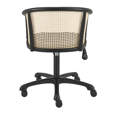 Beige and Black Solid Wood Steel And Cane Rattan Adjustable Swivel Rolling Office Chair