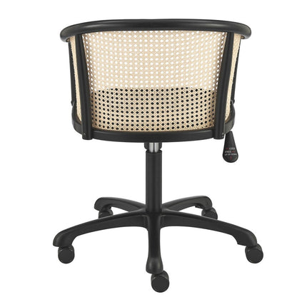 Beige and Black Solid Wood Steel And Cane Rattan Adjustable Swivel Rolling Office Chair HomeRoots