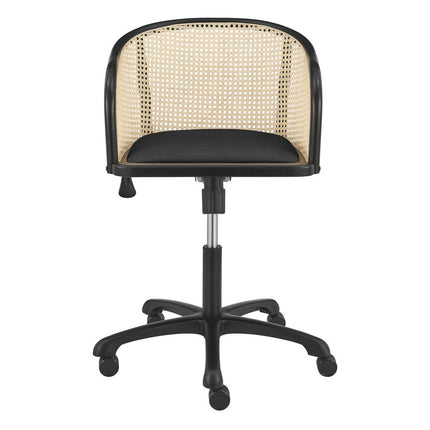 Beige and Black Solid Wood Steel And Cane Rattan Adjustable Swivel Rolling Office Chair HomeRoots