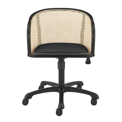 Beige and Black Solid Wood Steel And Cane Rattan Adjustable Swivel Rolling Office Chair HomeRoots